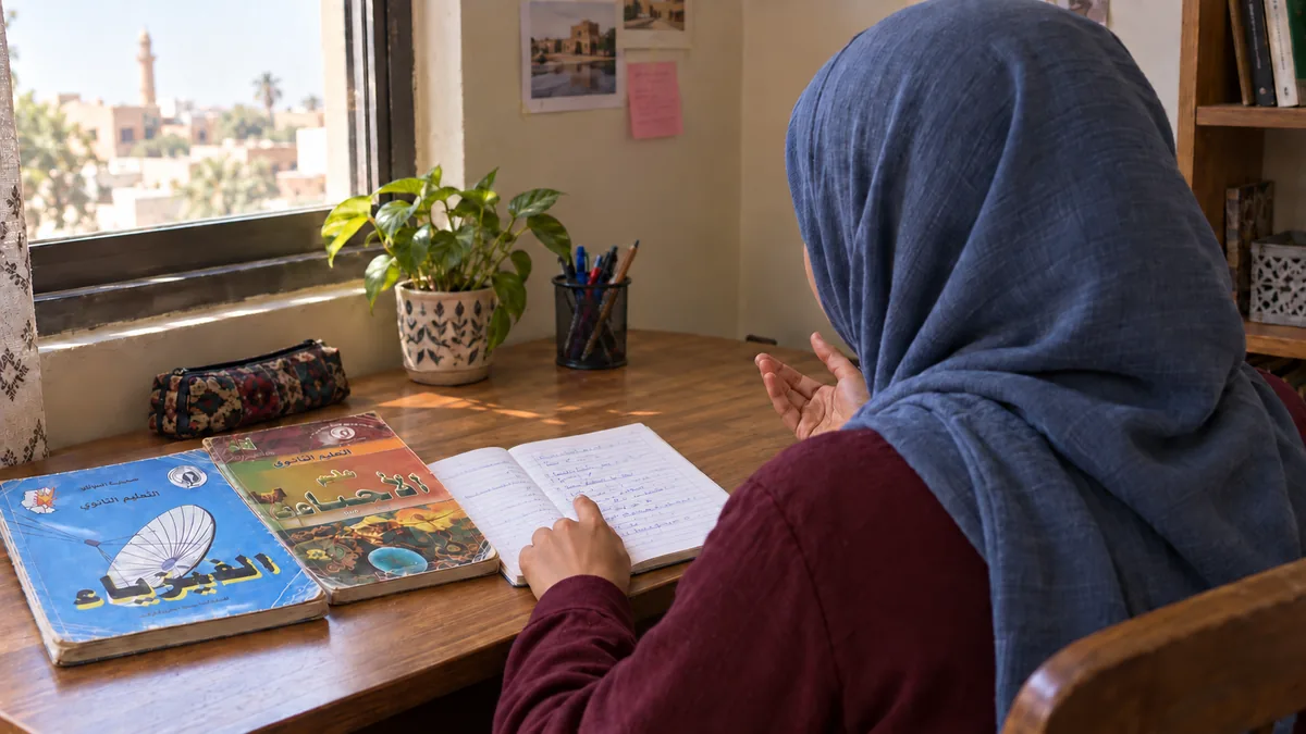 طالبة من الخلف تشير إلى سؤال في دفترها وتشرح إجابته بصوت مسموع، وبجانبها كتابا الفيزياء والأحياء