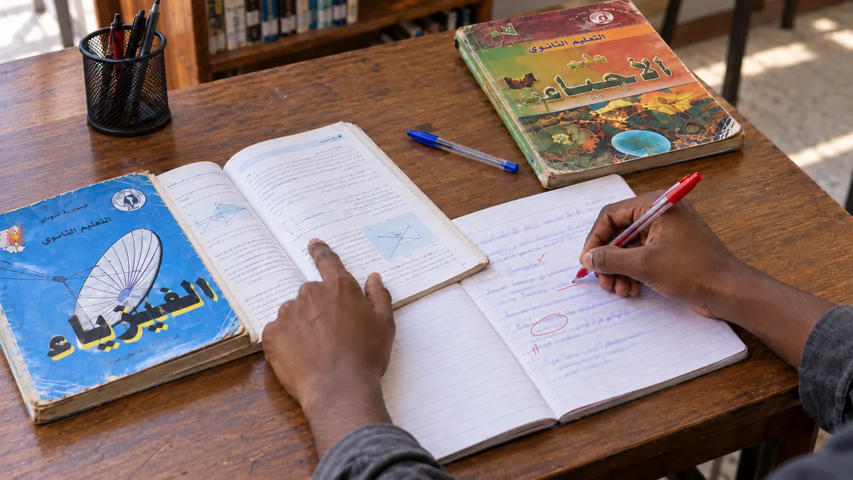 يدا طالب تقارنان الإجابة بكتاب الفيزياء وتضيفان علامات تصحيح حمراء إلى إجابة مكتوبة بالأزرق