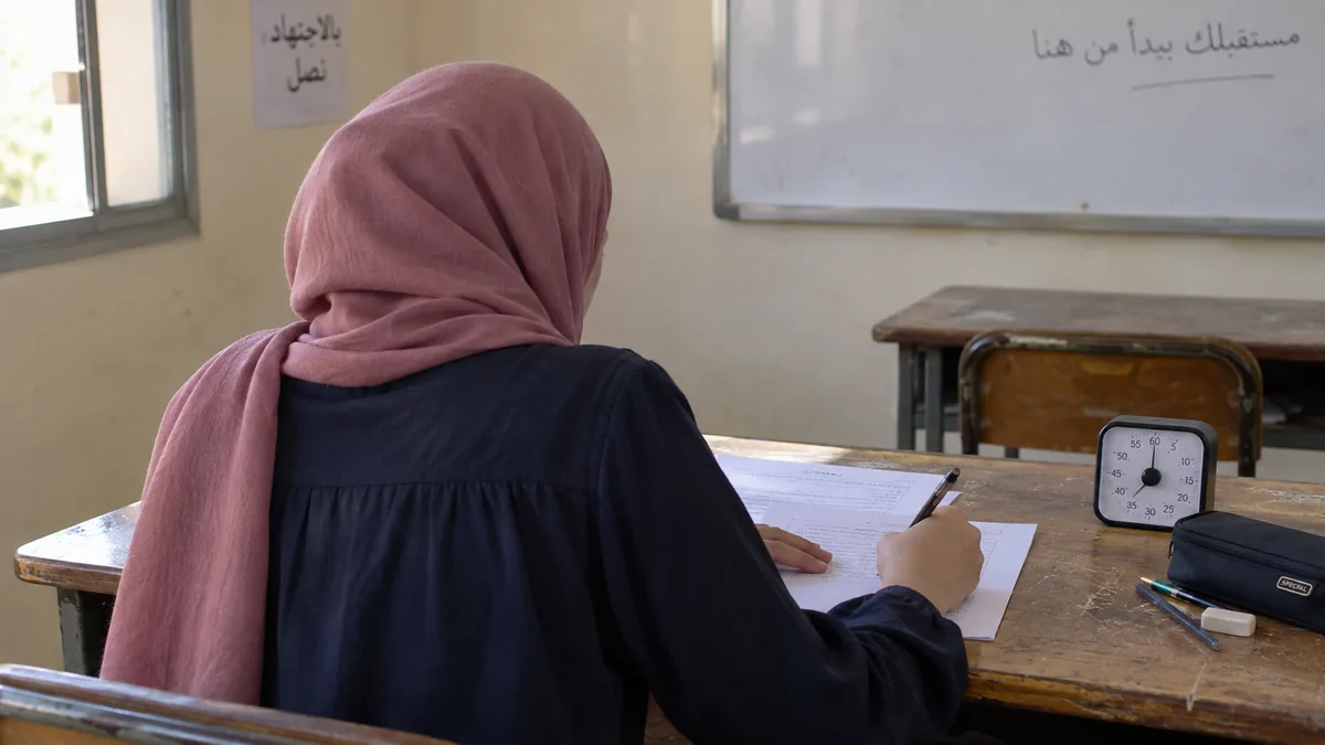 طالبة من الخلف تؤدي ورقة امتحان تدريبية بهدوء قبل يوم الامتحان