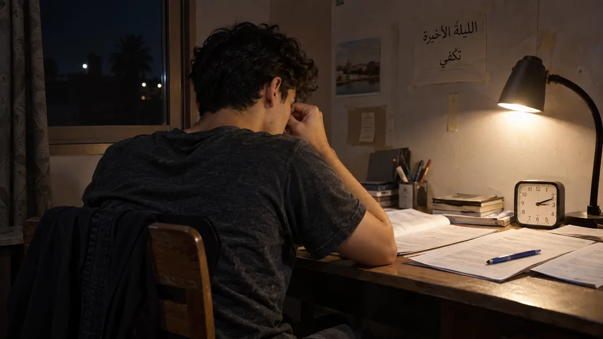 طالب من الخلف يذاكر مرهقًا في وقت متأخر أمام أوراق كثيرة وقلم متروك