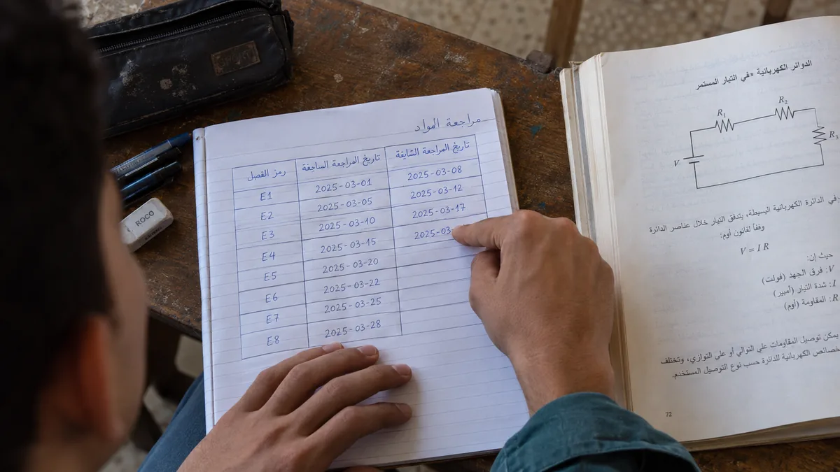طالب من الخلف يتابع فصول المادة في جدول يضم آخر مراجعة وموعد المراجعة القادمة